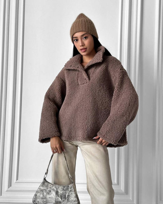 Damen Oversized Teddy-Pullover mit halber Druckknopfleiste und Stehkragen Nord Taschen
