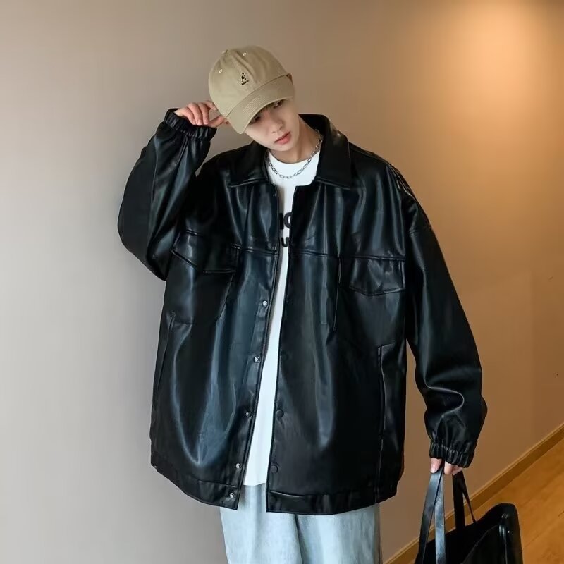 Herren Oversized PU-Leder-Shacket mit Pattentaschen und elastischen Bündchen Nord Taschen