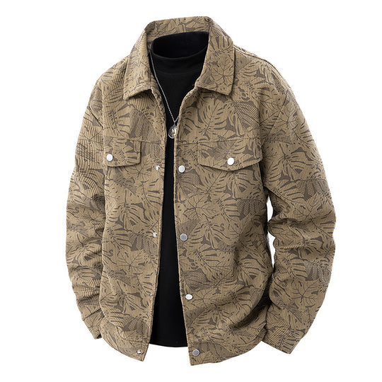 Herren Cord-Truckerjacke mit Jacquard-Blattmuster und Druckknopfleiste Nord Taschen