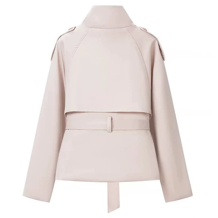 Damen Cropped Trenchjacke im Boxy-Cut mit Stehkragen, Schulterklappen und Taillengürtel Nord Taschen
