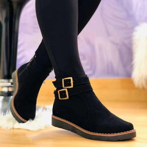 Damen Knöchelstiefel aus Veloursimitat mit Doppelriemen und flacher Keilsohle Nord Taschen