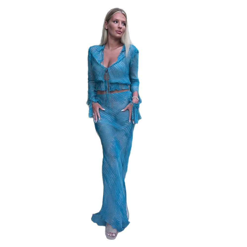 Damen Transparente Mesh-Cropped-Bluse mit Bindung und Schlauch-Maxirock Nord Taschen