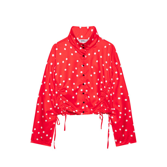 Damen Gepunktete Cropped Blousonjacke mit Stehkragen und Tunnelzug Nord Taschen