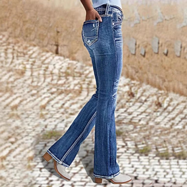 Damen Bootcut-Jeans mit sculptendem V-Bund, dekorativer Kontraststeppung und Vintage-Wash Nord Taschen