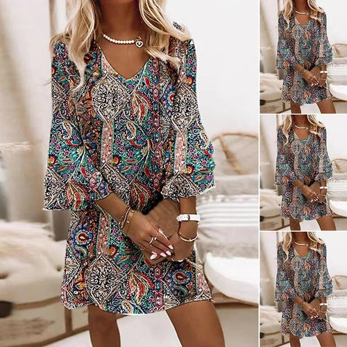Damen nan Boho-Paisley-Tunikakleid mit V-Ausschnitt und dreiviertel Glockenärmeln