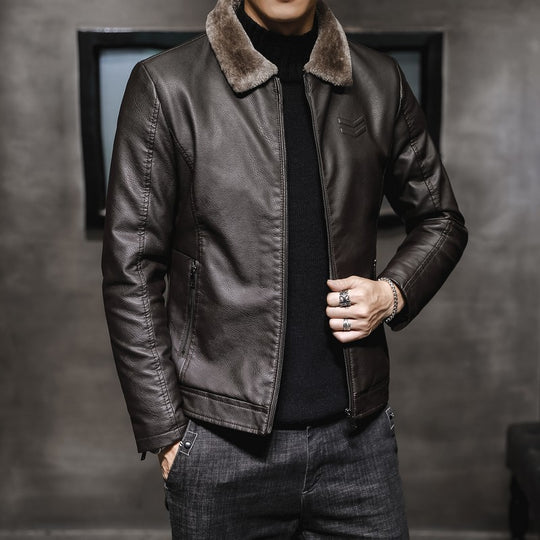 Herren Lässige Lederoptik-Jacke mit Teddykragen, Reißverschlusstaschen und schmaler Silhouette Nord Taschen