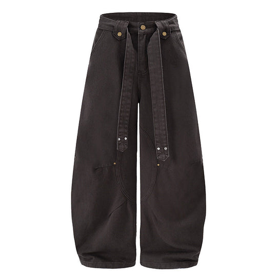 Damen Extraweite High‑Waist Palazzo‑Hose mit dekorativem Knie‑Patch, Bindegürtel und Culotte‑Schnitt Nord Taschen