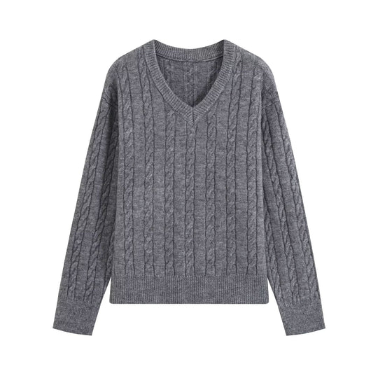 Damen Oversize Zopfmuster-Pullover mit V-Ausschnitt und breitem Rippbündchen Nord Taschen