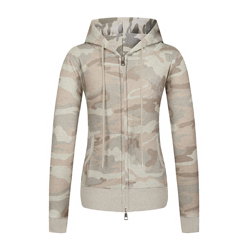 Damen Kapuzen-Sweatjacke mit zweiseitigem Reißverschluss, Camouflage-Print und Strass‑Schmetterling Nord Taschen