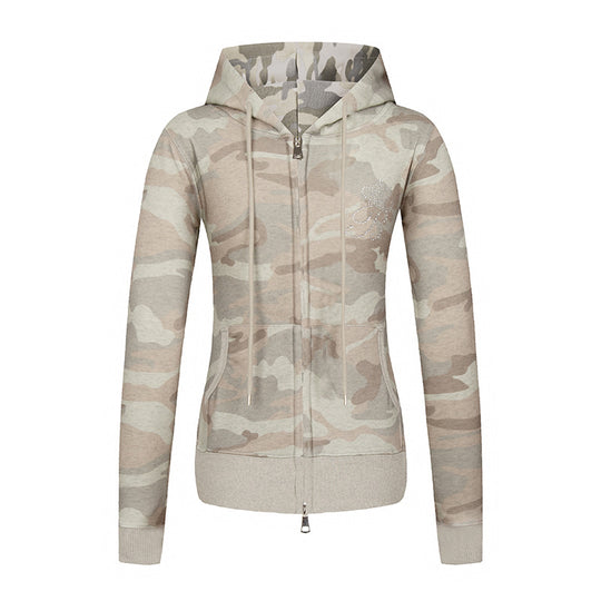 Damen Kapuzen-Sweatjacke mit zweiseitigem Reißverschluss, Camouflage-Print und Strass‑Schmetterling Nord Taschen