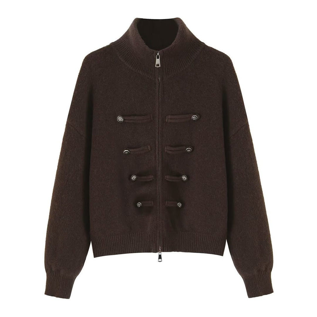 Damen Strickjacke mit Stehkragen, Reißverschluss und dekorativen Knotenblenden Nord Taschen