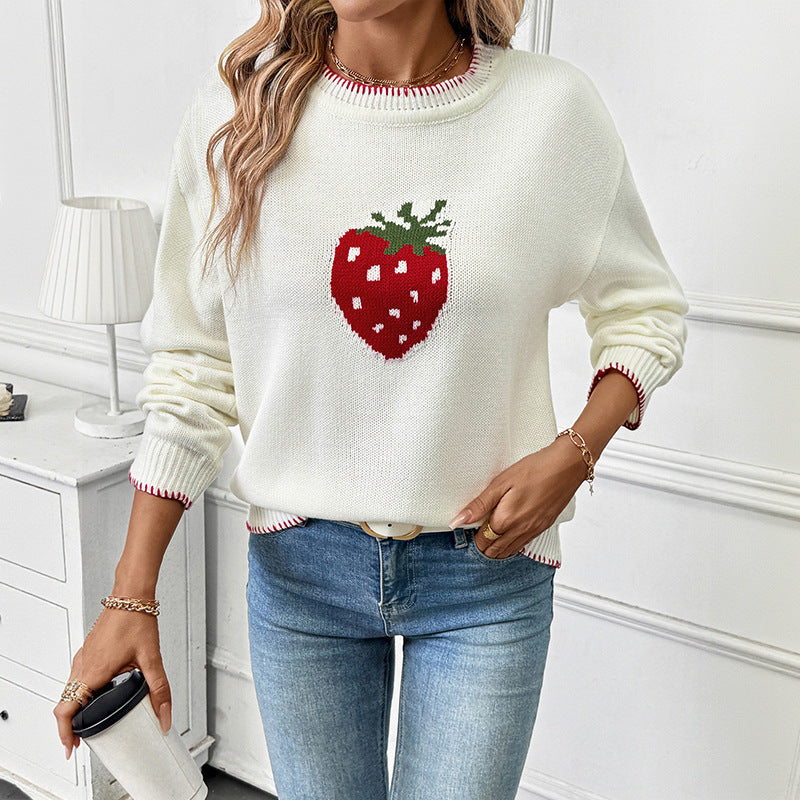 Damen Lässiger Boxy-Strickpullover mit Erdbeer‑Intarsie, geripptem Saum und Rundhalsausschnitt Nord Taschen