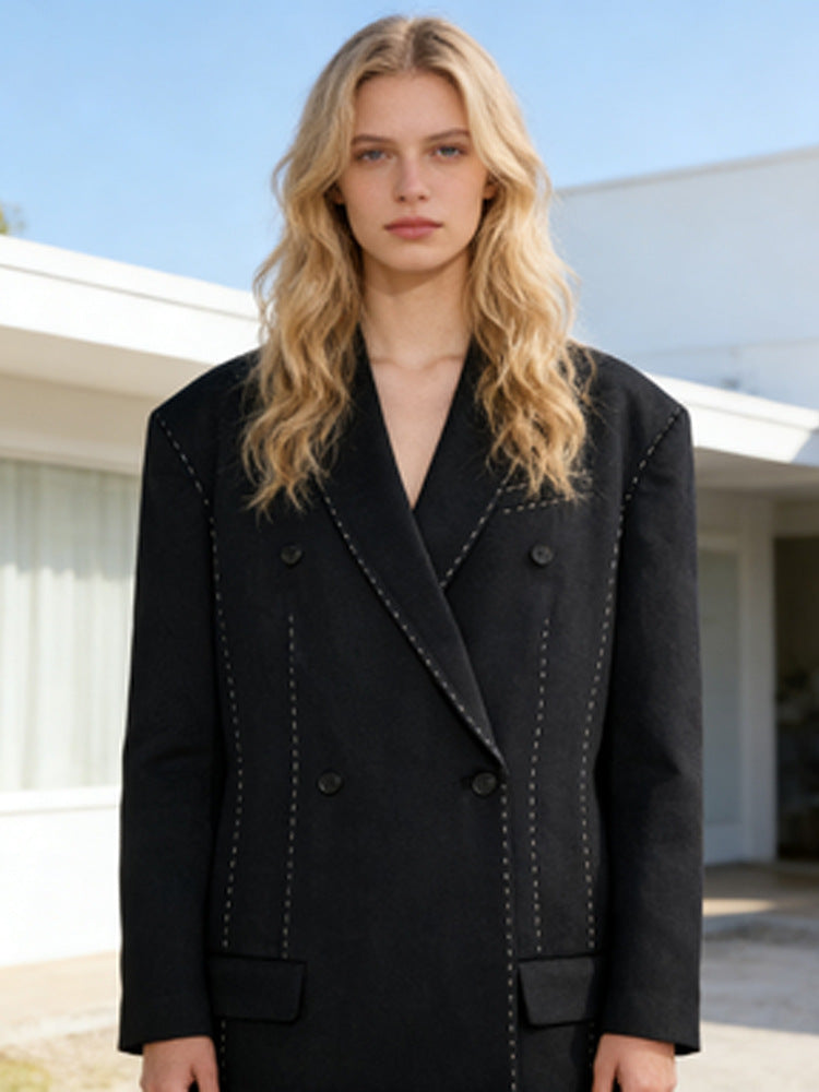 Damen Doppelreihiger Oversize-Mantelblazer mit markanter Schulterpartie & Ziersteppungen Nord Taschen
