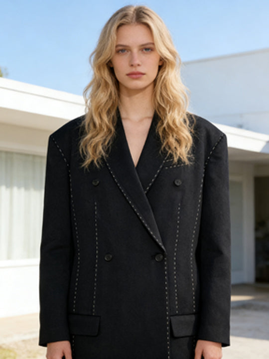 Damen Doppelreihiger Oversize-Mantelblazer mit markanter Schulterpartie & Ziersteppungen Nord Taschen