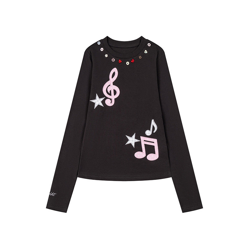 Damen Langarmshirt mit Paillettenkragen und Musiknoten-Applikationen Nord Taschen