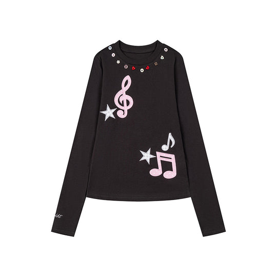 Damen Langarmshirt mit Paillettenkragen und Musiknoten-Applikationen Nord Taschen
