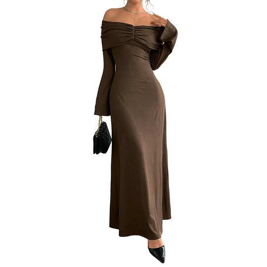 Damen Off-Shoulder Maxikleid mit geraffter Brustpartie und schmaler A‑Linie Nord Taschen