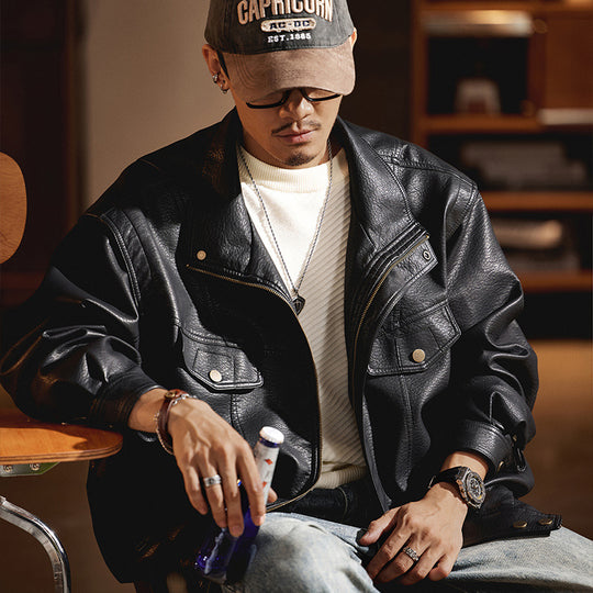 Herren Oversized Kunstlederjacke im Worker-Look mit Pattentaschen Nord Taschen