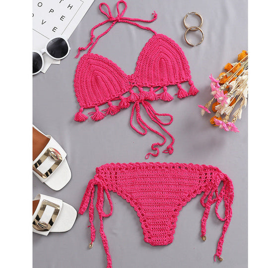 Damen Häkel-Bikini-Set mit fransigen Akzenten und verstellbaren Trägern