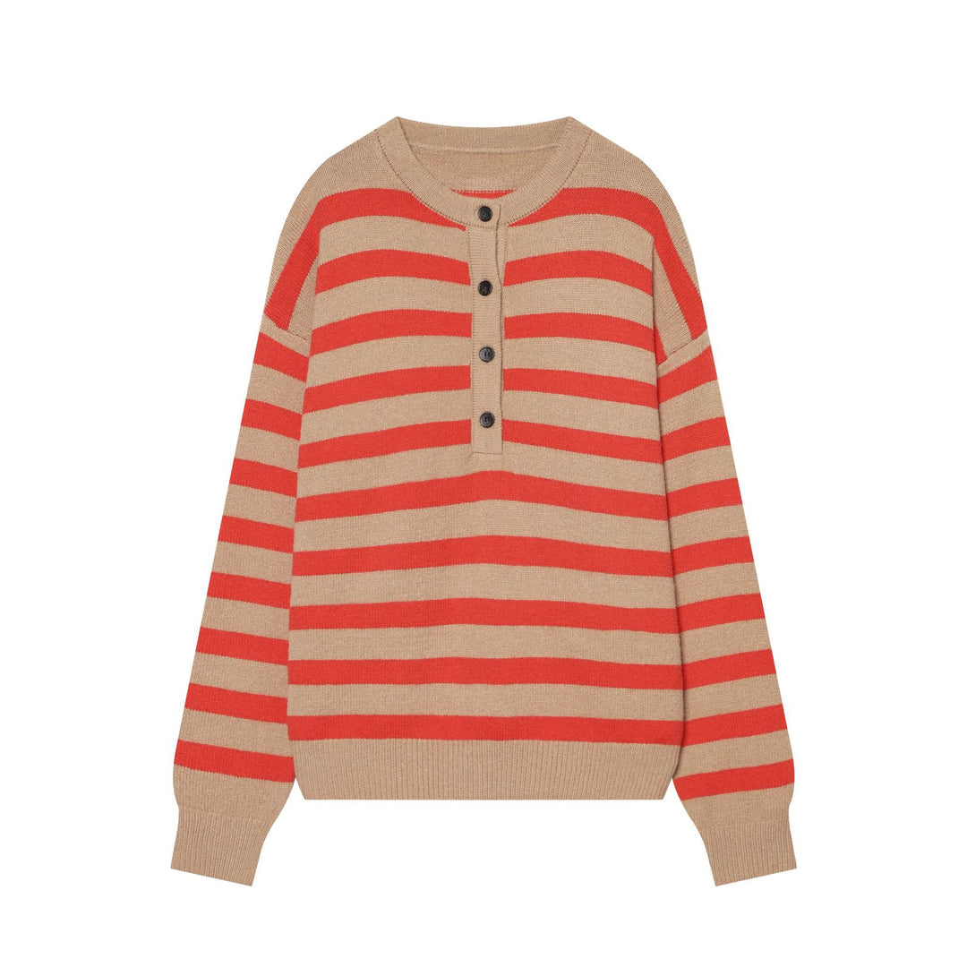 Damen Gestreifter Strickpulli mit Henley‑Knopfleiste und Oversize‑Silhouette Nord Taschen
