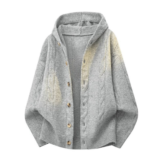 Damen Oversize-Kapuzen-Strickjacke mit Zopfmuster & Knopfleiste Nord Taschen