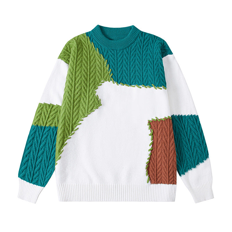 Herren strukturierter Patchwork-Strickpullover mit Zopfmuster und Rundhals Nord Taschen