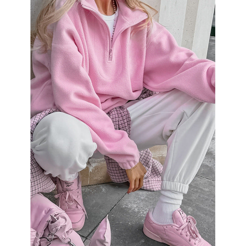 Damen Oversized Fleecepullover mit halbem Reißverschluss und Stehkragen Nord Taschen
