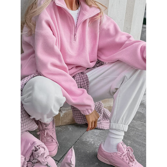 Damen Oversized Fleecepullover mit halbem Reißverschluss und Stehkragen Nord Taschen