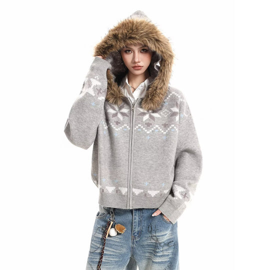 Damen Kapuzensweatjacke mit Kunstfell Kragen und Norweger-Muster Nord Taschen