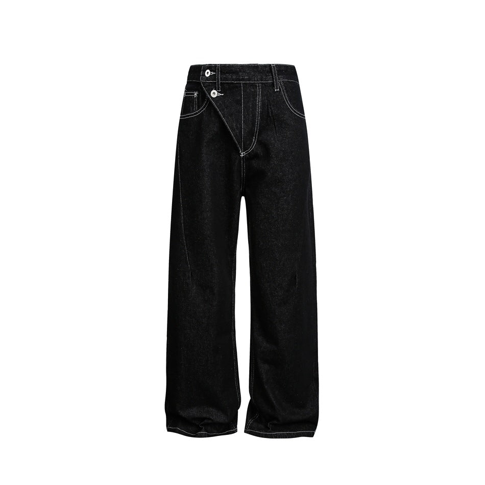 Damen High‑Waist weite Denim‑Hose mit asymmetrischer Knopfleiste und Kontrastnähten Nord Taschen