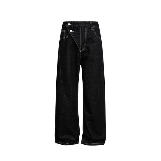 Damen High‑Waist weite Denim‑Hose mit asymmetrischer Knopfleiste und Kontrastnähten Nord Taschen