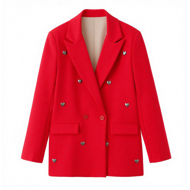 Damen Taillierter Doppelreihiger Blazer mit Herz‑Metallapplikationen und Pattentaschen Nord Taschen