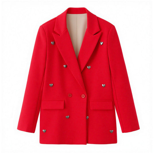 Damen Taillierter Doppelreihiger Blazer mit Herz‑Metallapplikationen und Pattentaschen Nord Taschen
