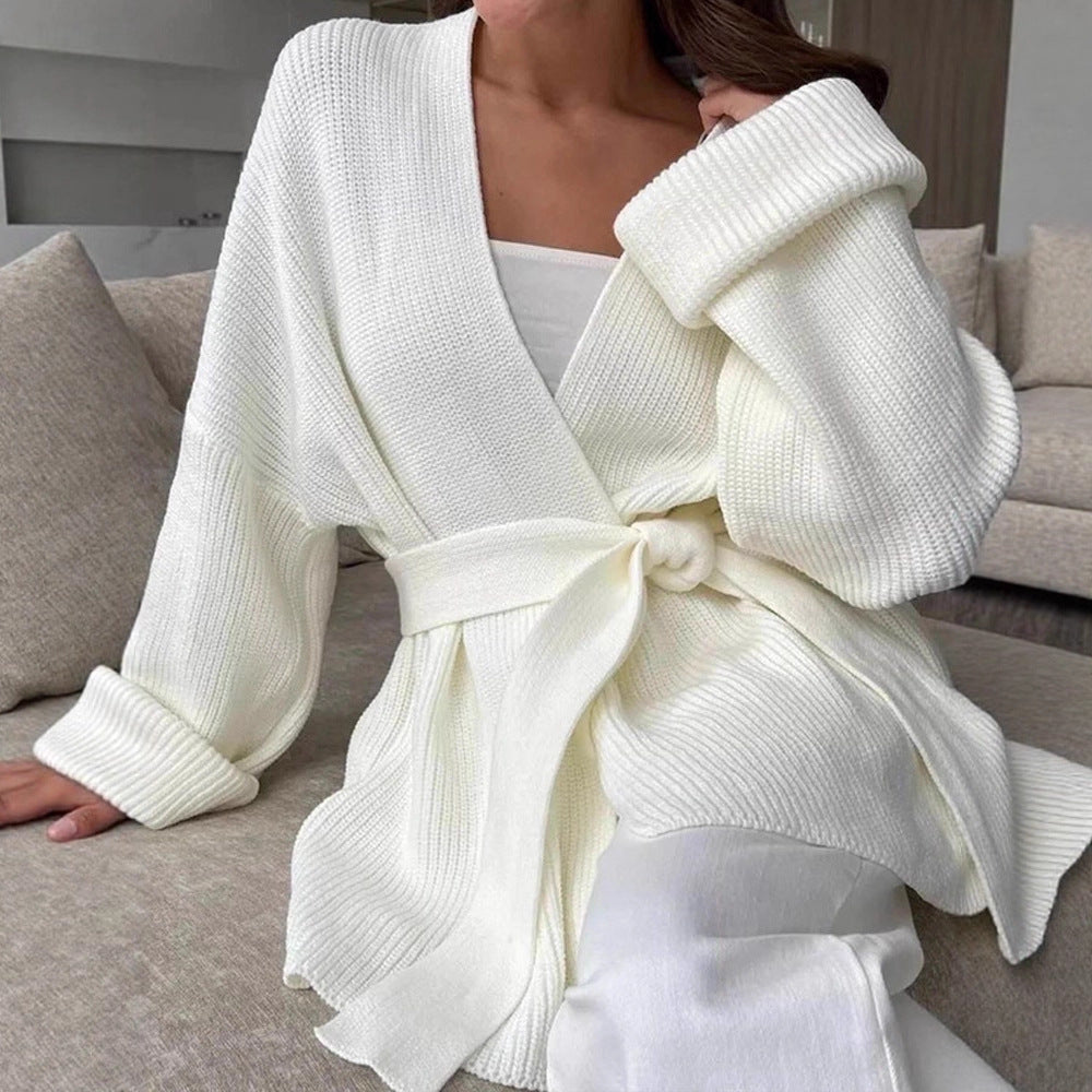 Damen Oversize Strickmantel mit Bindegürtel und geripptem Feinstrick Nord Taschen