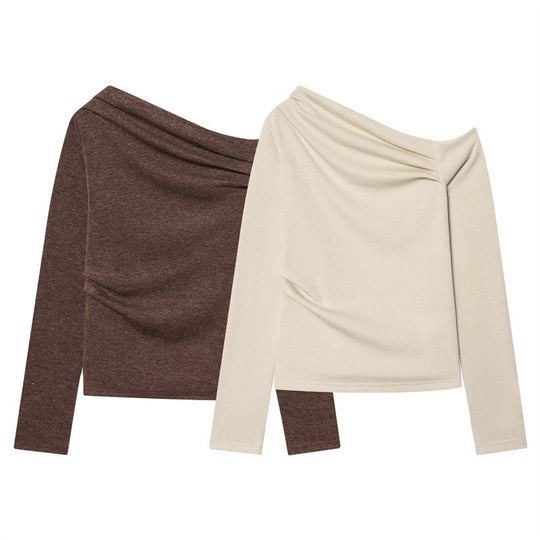 Damen asymmetrischer Feinstrick-Pullover mit Wasserfallkragen und taillierter Silhouette Nord Taschen
