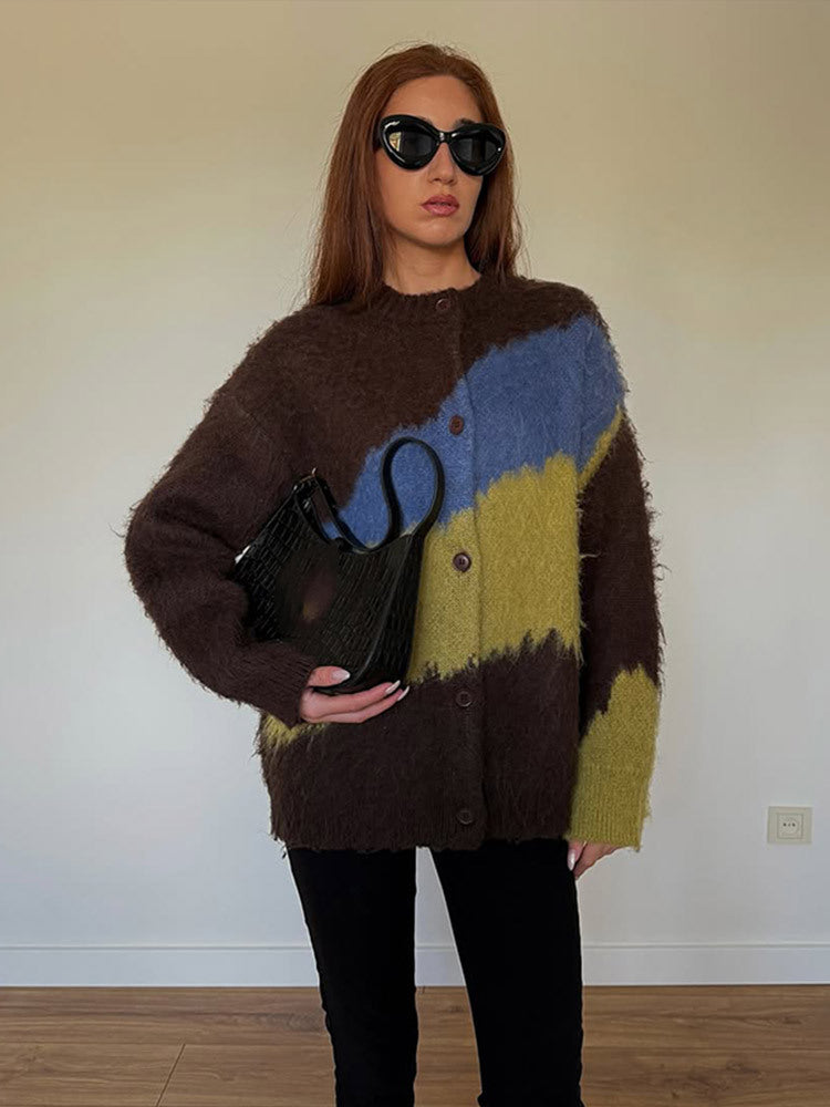 Damen Oversize Mohair-Blend Cardigan mit abstraktem Farbblock und Knopfleiste Nord Taschen