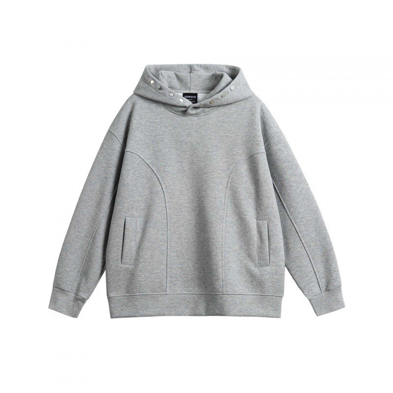 Unisex Oversize-Kapuzenpullover aus melierter Baumwollmischung mit Nietenbesatz und Teilungsnähten Nord Taschen