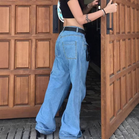 Damen Extraweite Baggy-Jeans mit Cargo-Patches und tiefem Bund Nord Taschen
