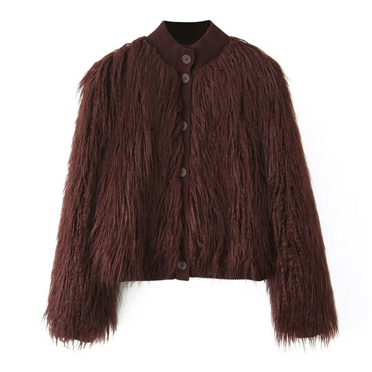 Damen Kurz geschnittene Shaggy-Faux-Fur-Strickjacke mit Rippkragen und Knopfleiste Nord Taschen