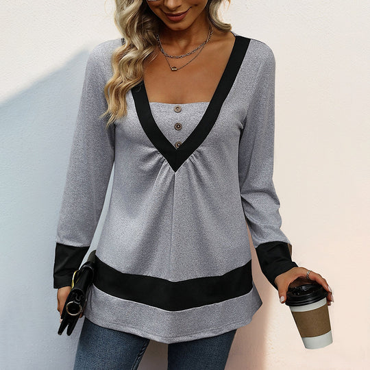 Damen Longsleeve mit tiefem V-Ausschnitt, Zierknopfleiste und Kontrastbordüren Nord Taschen