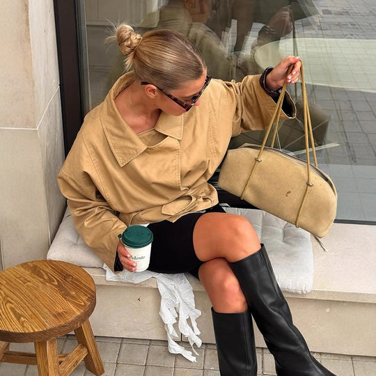 Damen Kurze Taillierte Canvas-Jacke mit Bindegürtel und überschnittenen Schultern Nord Taschen