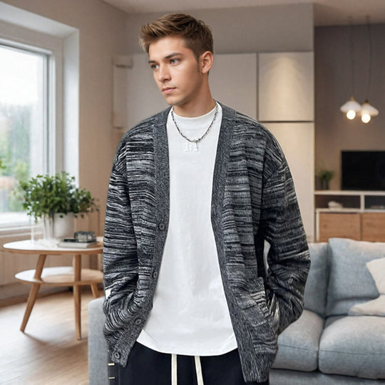Herren Lockerer Melierter Oversize-Strickcardigan mit Knopfleiste und aufgesetzten Taschen Nord Taschen