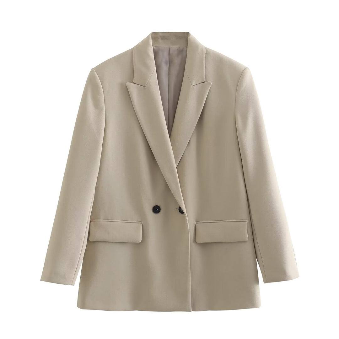 Damen Doppelreihiger Longblazer mit weitem Schalkragen und Pattentaschen Nord Taschen