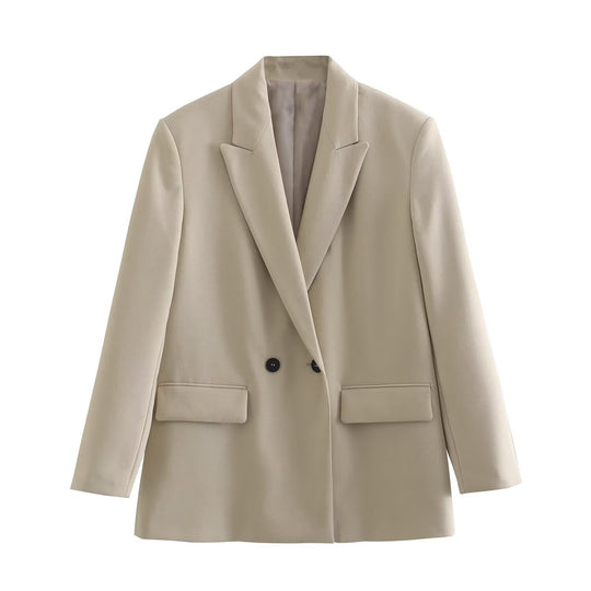 Damen Doppelreihiger Longblazer mit weitem Schalkragen und Pattentaschen Nord Taschen