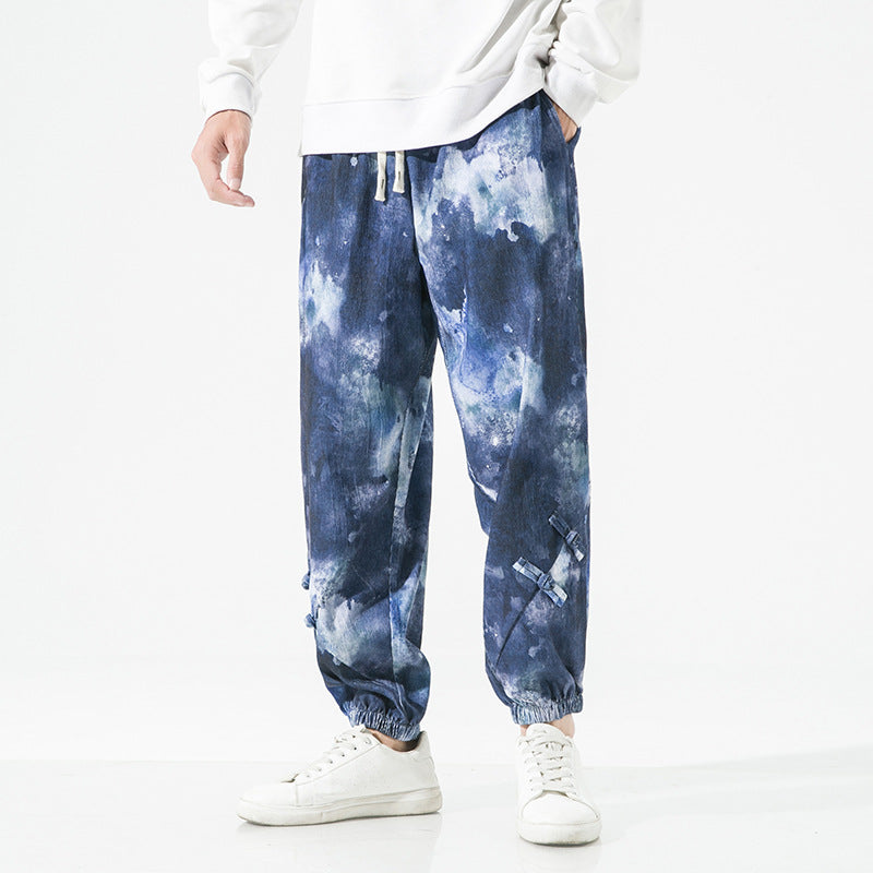 Herren Tie-Dye Baggy Jogginghose mit Tunnelzug, Gummibündchen und dekorativen Riemen Nord Taschen