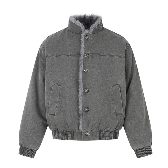 Damen gefütterte Denim-Bomberjacke mit Teddykragen und elastischem Saum Nord Taschen