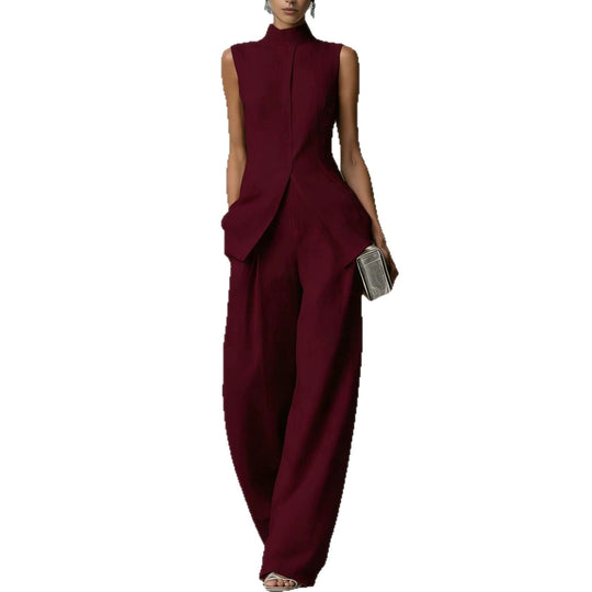 Damen Ärmelloser Leinen-Jumpsuit mit Stehkragen und weitem Bein Nord Taschen