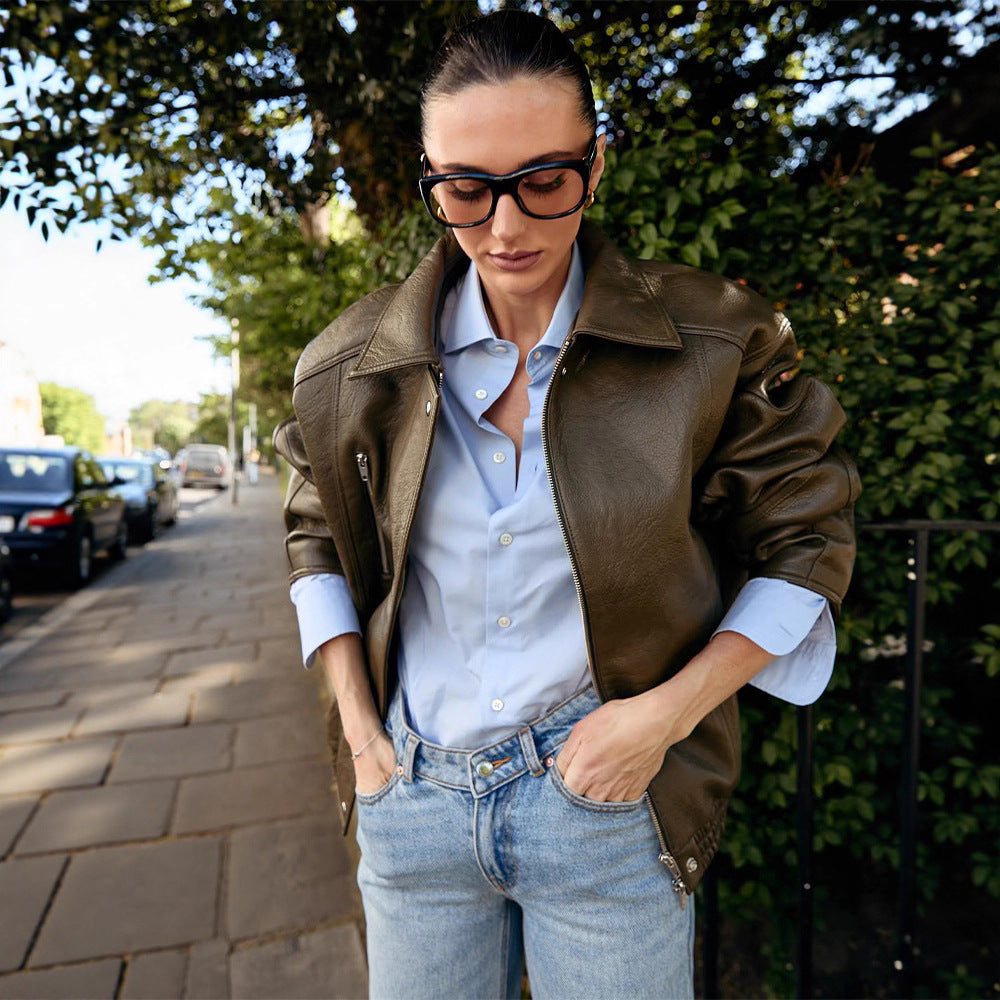 Damen Oversize-Lederimitat-Fliegerjacke mit Teddy-Innenseite, sichtbaren Nahtdetails & elastischem Saum Nord Taschen