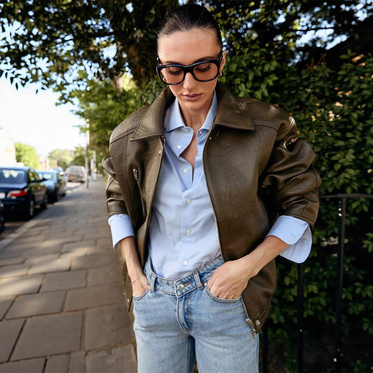 Damen Oversize-Lederimitat-Fliegerjacke mit Teddy-Innenseite, sichtbaren Nahtdetails & elastischem Saum Nord Taschen