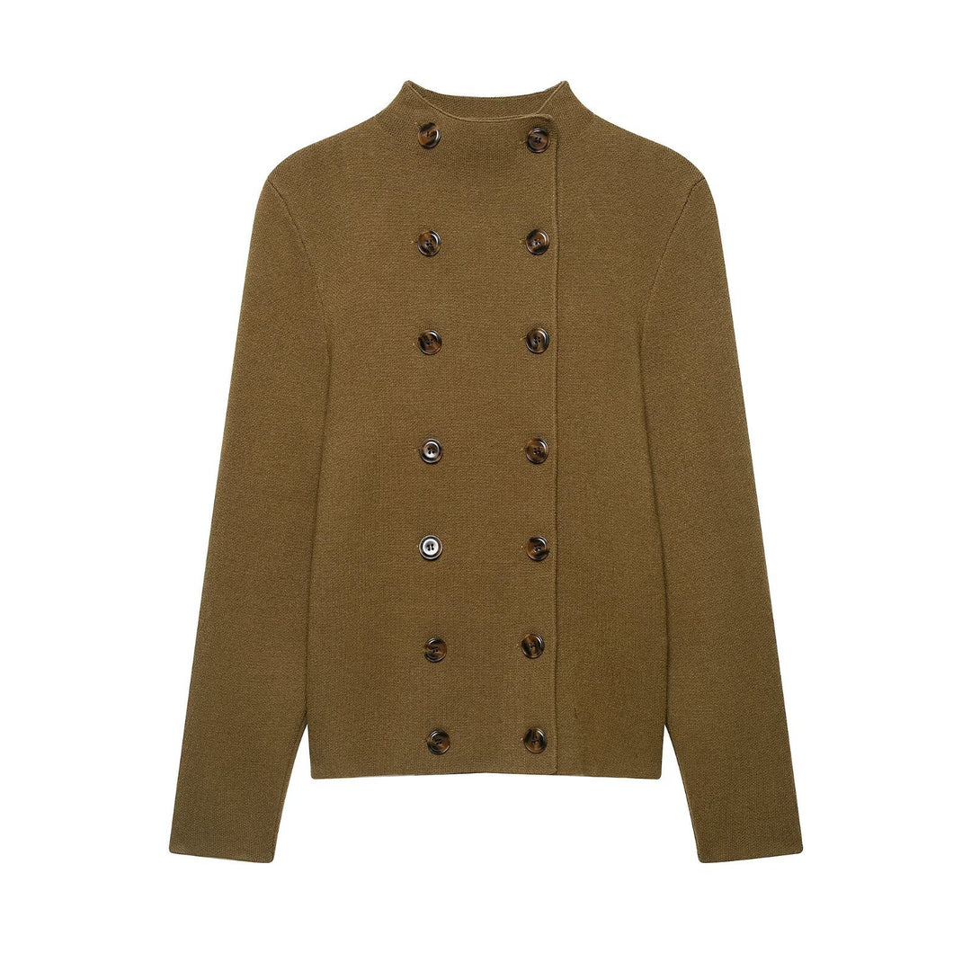 Damen Doppelreihige Cropped Strickjacke mit Stehkragen Nord Taschen